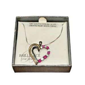 Brilliance 10K Sterling Silver Necklace 18" Double Heart Created Ruby Wt. Topaz